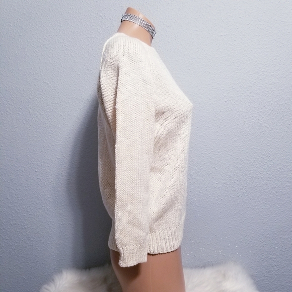 Vintage 80's retro glam cream neutral v neck granny core sweater MEDIUM - Picture 4 of 6